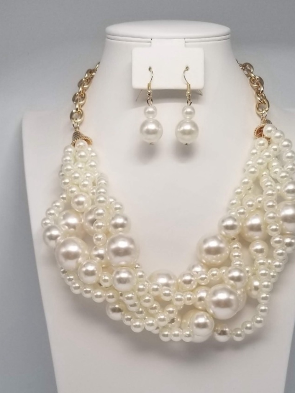 Elegant Ivory Pearl Multi-Strand Necklace with Drop Earrings
